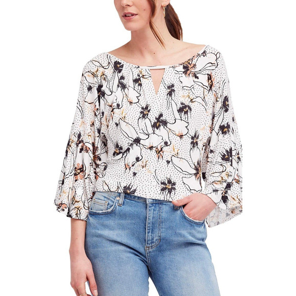 Free People MEDIUM Last Time FLORAL Printed Draped Bell-Sleeve BOHO Top  Ivory - Picture 1 of 8